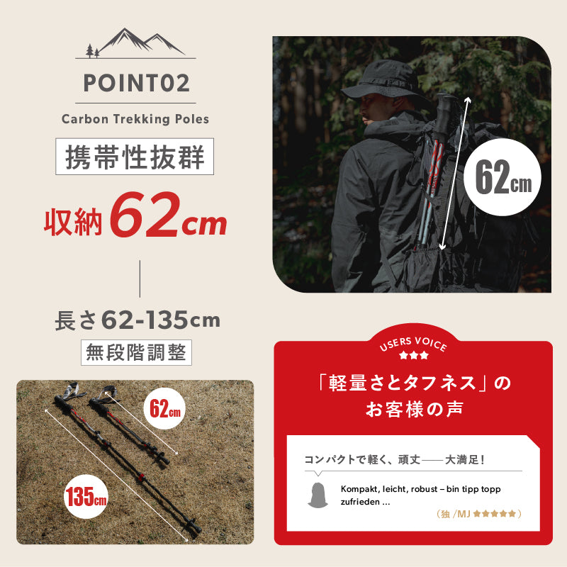 カーボン トレッキング ポール 超軽量 193g 2本セット 62–135cm無段階調整 コンパクト
